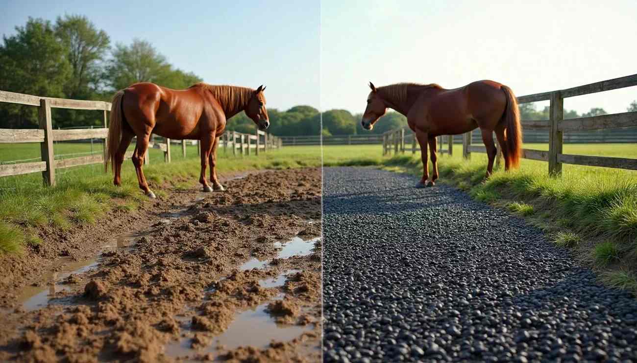 before and after of a muddy horse paddock that has been fixed with Lighthoof and gravel