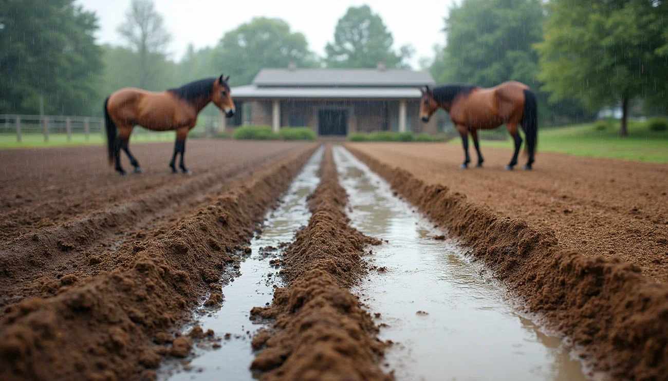 Two horses stand on a muddy paddock with water-filled drainage trenches in front of a stable on a rainy day.